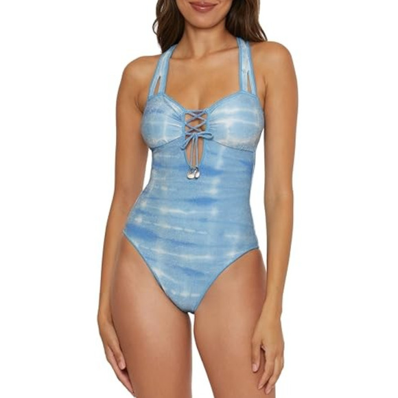 Becca Standard Washed Away Bandeau Lace Up One Piece Swimsuit Ice Blue Size S - Picture 1 of 3
